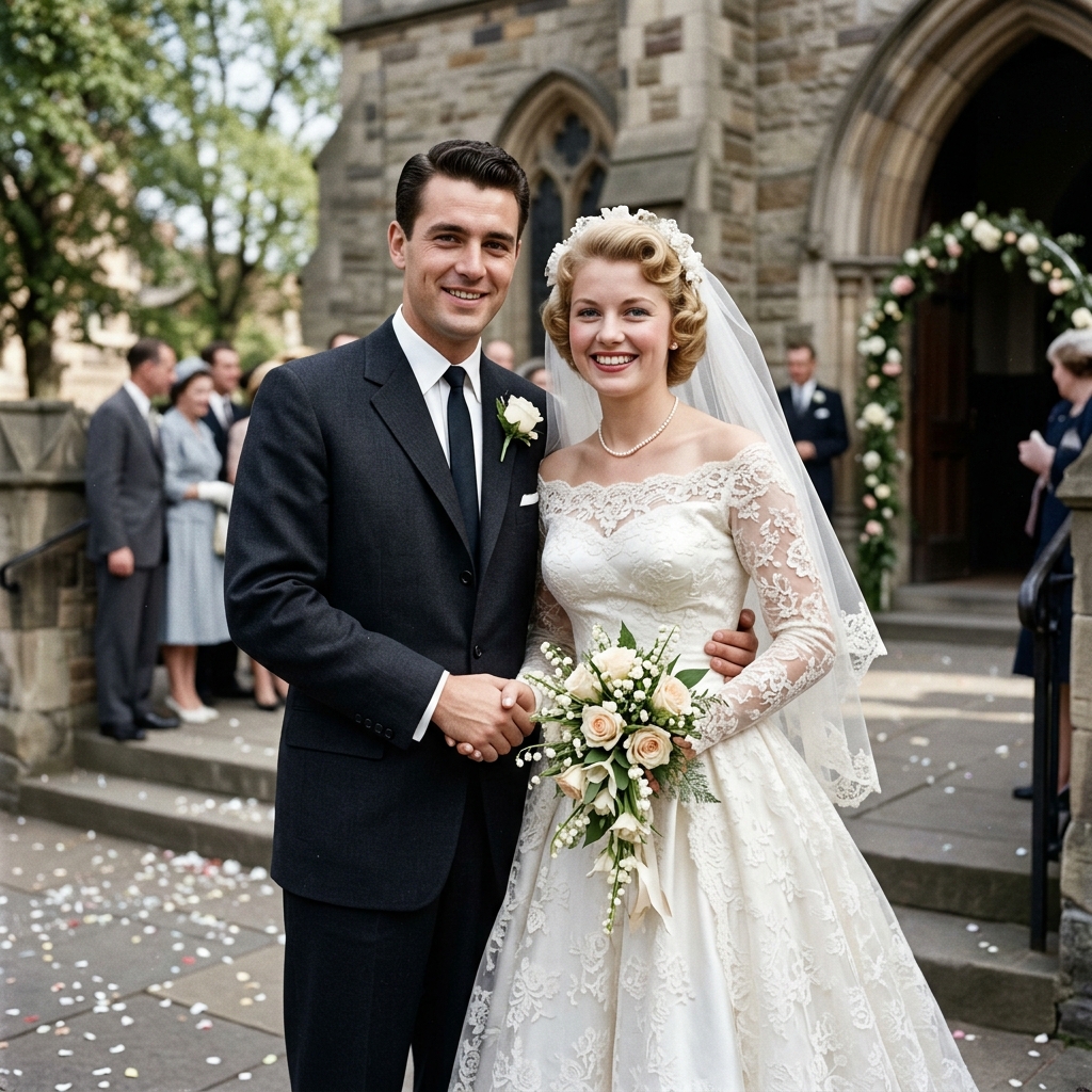 Colorized 1950s wedding couple
